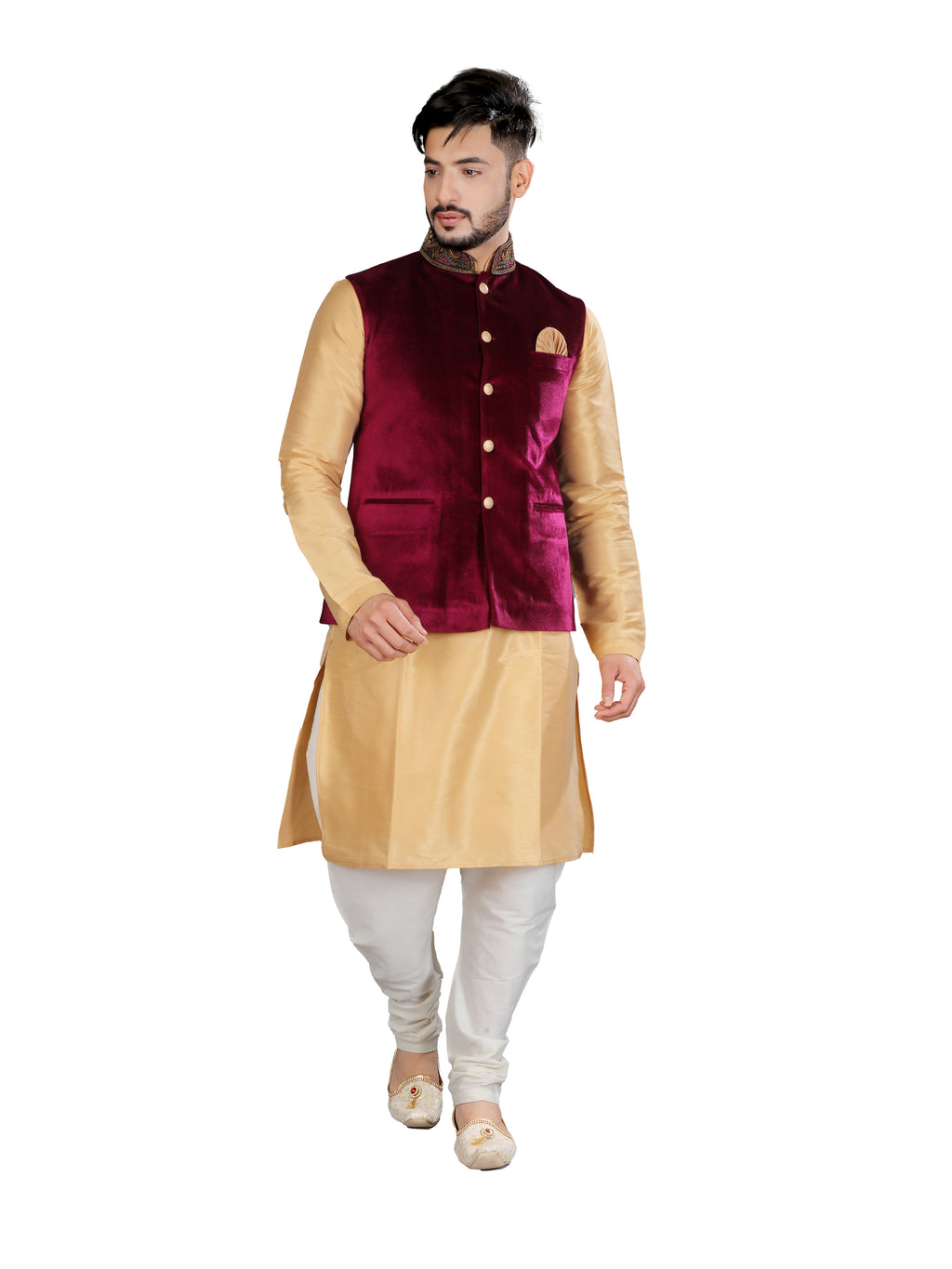 Image Title Indian Traditional Alluring Wine Velvet Nehru Jacket With Gold Kurta Set- RK4235