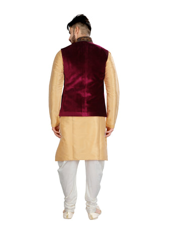 Image Title Indian Traditional Alluring Wine Velvet Nehru Jacket With Gold Kurta Set- RK4235