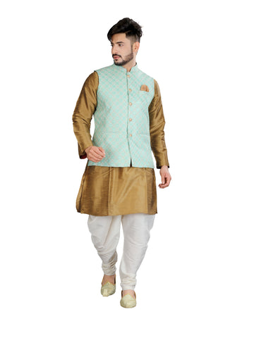 Image Title Indian Traditional Golden Silk Kurta With Luckhnavi Silk Pista Nehru Jacket - RK4237