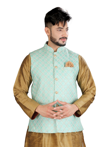 Image Title Indian Traditional Golden Silk Kurta With Luckhnavi Silk Pista Nehru Jacket - RK4237