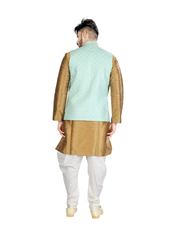 Image Title Indian Traditional Golden Silk Kurta With Luckhnavi Silk Pista Nehru Jacket - RK4237