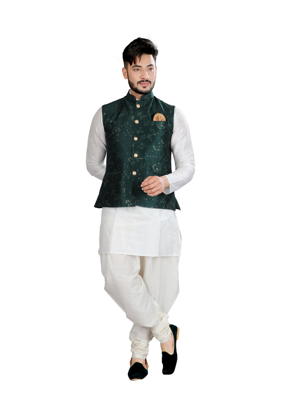 Image Title Indian Traditional White Kurta With Luckhnavi Silk Bottle Green Nehru Jacket - RK4238