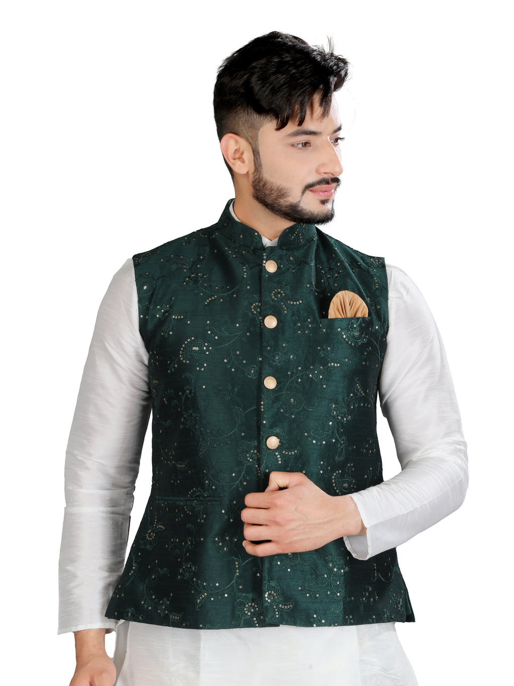 Image Title Indian Traditional White Kurta With Luckhnavi Silk Bottle Green Nehru Jacket - RK4238