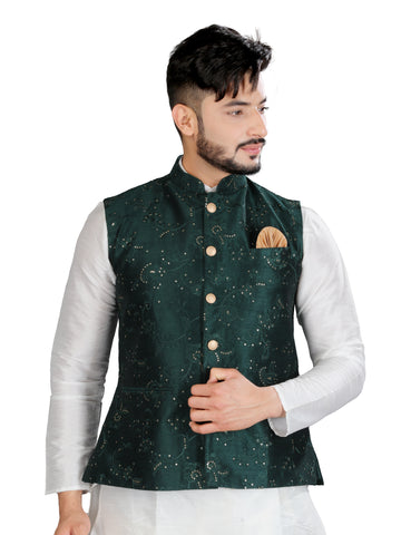 Image Title Indian Traditional White Kurta With Luckhnavi Silk Bottle Green Nehru Jacket - RK4238