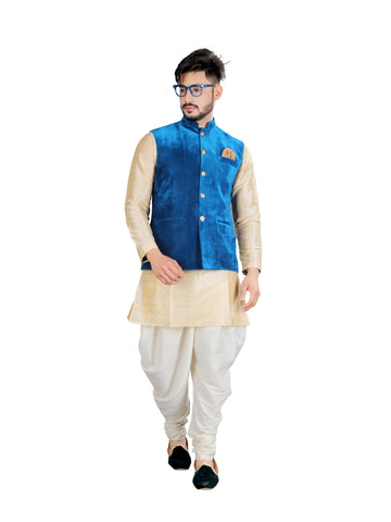 Image Title Indian Traditional  Classy Cream Kurta With Velvet Blue Nehru Jacket - RK4239