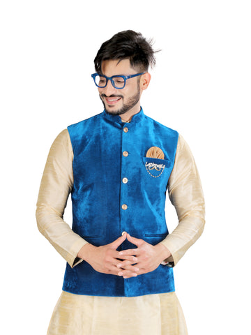 Image Title Indian Traditional  Classy Cream Kurta With Velvet Blue Nehru Jacket - RK4239