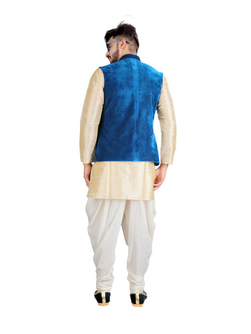 Image Title Indian Traditional  Classy Cream Kurta With Velvet Blue Nehru Jacket - RK4239