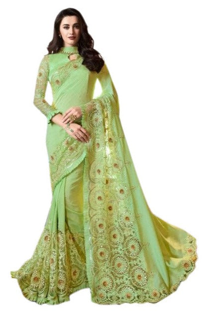 Image Title Pista Green Embroidered Silk Pre-Pleated Ready-Made Sari-SLK-6214