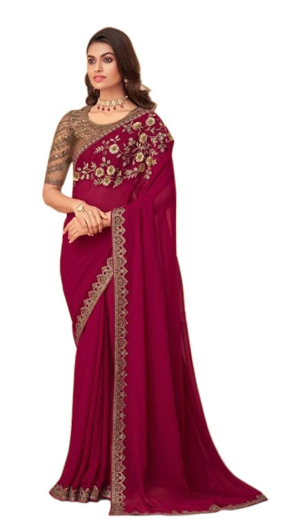 Image Title Designer Embroidered Maroon and Gold Pre-Pleated Ready-Made Sari-SS-26001