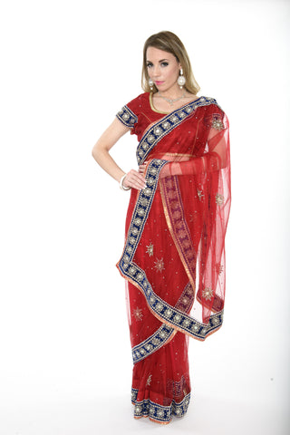 Image Title Georgous Red with Blue Border Ready-made Pre-Stiched Sari