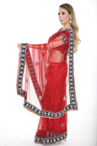 Image Title Georgous Red with Blue Border Ready-made Pre-Stiched Sari