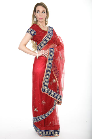 Image Title Georgous Red with Blue Border Ready-made Pre-Stiched Sari