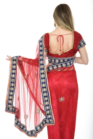 Image Title Georgous Red with Blue Border Ready-made Pre-Stiched Sari