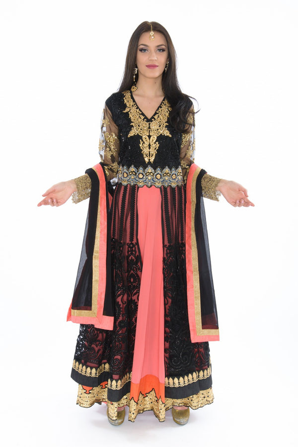 Rich Black and Coral with Lace Overlay Indo-Western Indian Gown