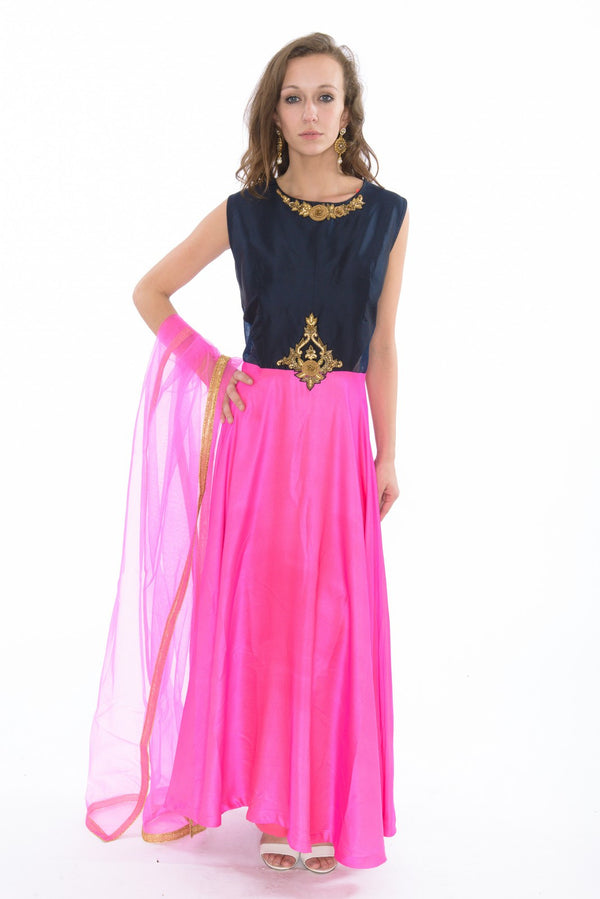 Colorblock Navy and Hot Pink  Indo-Western Long Anarkali Gown