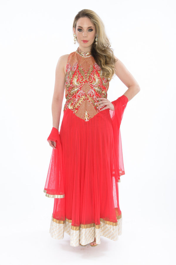 Fiery Gold and Red Sleeveless Long Anarkali Gown