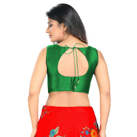 Image Title Modestly Stunning Green Designer Indian High-Neck Sleeveless Saree Blouse Choli (VFJ-45-Green)