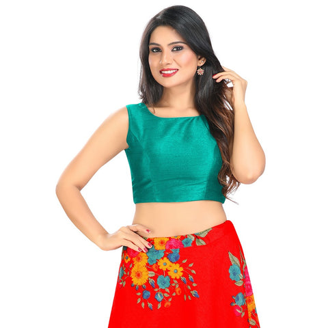 Image Title Modestly Stunning Rama-Green Designer Indian High-Neck Sleeveless Saree Blouse Choli (VFJ-45-Rama-Green)