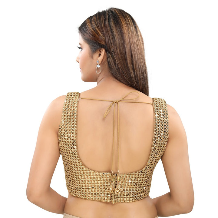 Gorgeous Designer Indian Gold Sequence Cutwork Square Neck Sleeveless Saree Blouse Choli (VFJKP-26-Gold)