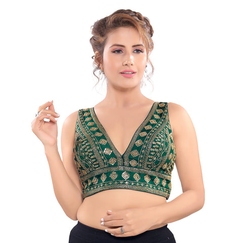 Image Title Spectacular Designer Indian Green Plunging V-Neckline Sleeveless Saree Blouse Choli (VFJKP-28-Green)