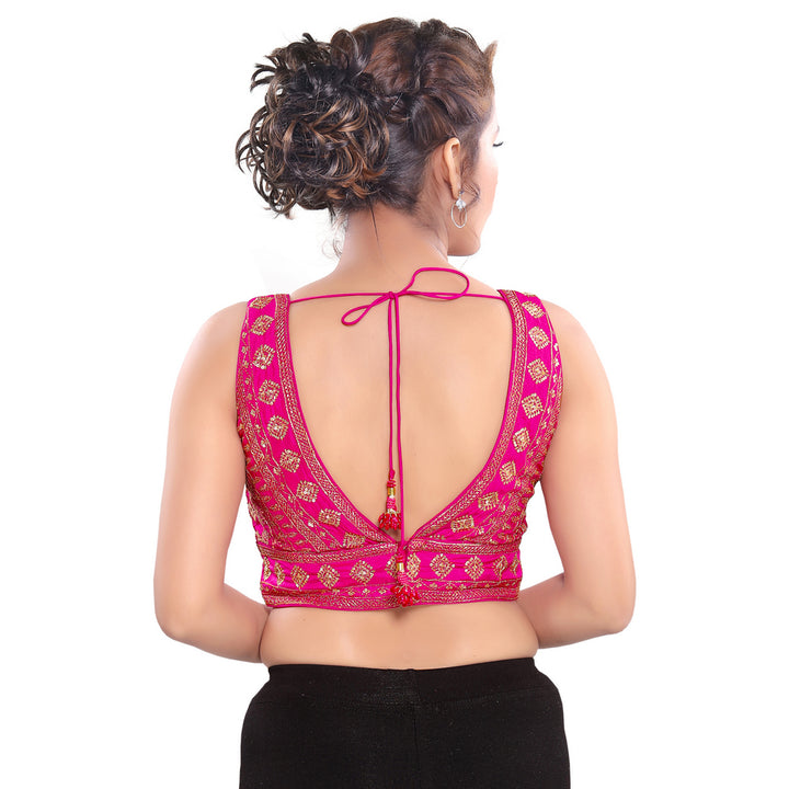 Spectacular Designer Indian Pink Plunging V-Neckline Sleeveless Saree Blouse Choli (VFJKP-28-Pink)