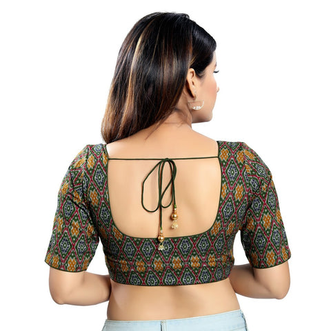 Image Title Lovely Green Designer Indian Traditional Ikat Printed Elbow Sleeves Saree Blouse Choli (X-1032ELB-Green)