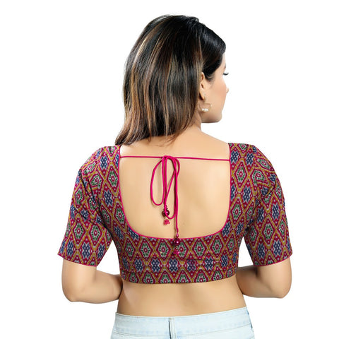 Image Title Lovely Magenta Designer Indian Traditional Ikat Printed Elbow Sleeves Saree Blouse Choli (X-1032ELB-Magenta)