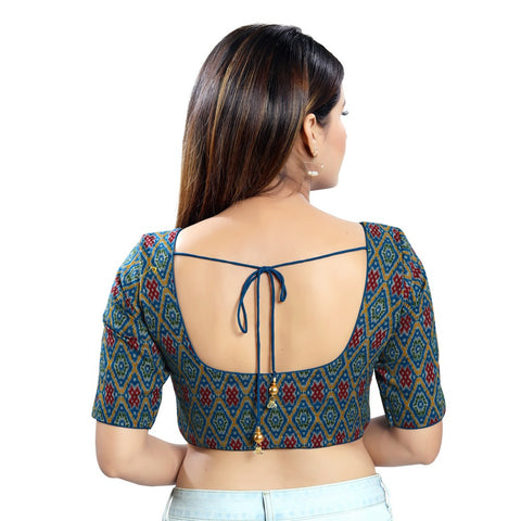 Image Title Lovely Rama-Green Designer Indian Traditional Ikat Printed Elbow Sleeves Saree Blouse Choli (X-1032ELB-Rama-Green)