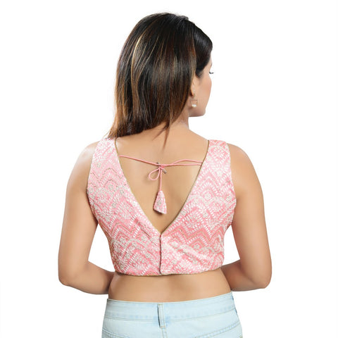 Image Title Ravishing Baby-Pink Designer Indian V-Neckline Sleeveless Saree Blouse Choli (X-1034NS-Baby-Pink)