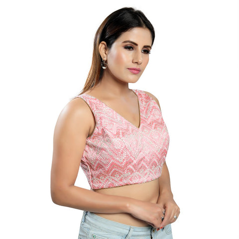 Image Title Ravishing Baby-Pink Designer Indian V-Neckline Sleeveless Saree Blouse Choli (X-1034NS-Baby-Pink)
