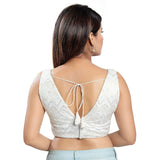 Ravishing White Designer Indian V-Neckline Sleeveless Saree Blouse Choli (X-1034NS-White)