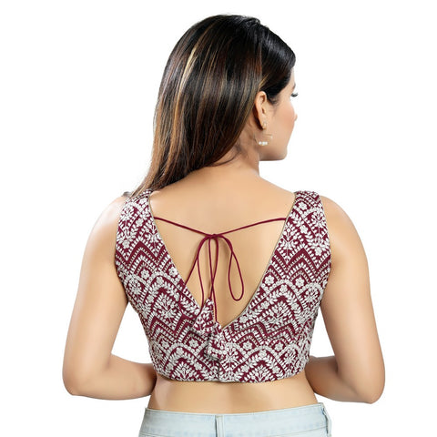Image Title Ravishing Wine Designer Indian V-Neckline Sleeveless Saree Blouse Choli (X-1034NS-Wine)