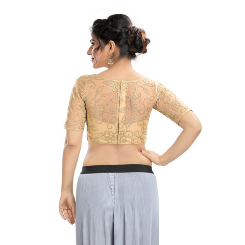 Image Title Ethnic Indian Gold Fancy Net Padded Sari Saree Blouse Choli With Elbow Sleeves