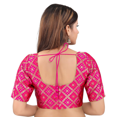 Image Title Gorgeous Pink Designer Indian Traditional Bandhani Round-Neck Elbow length Saree Blouse Choli (X-977ELB-Pink)