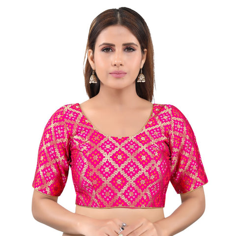 Image Title Gorgeous Pink Designer Indian Traditional Bandhani Round-Neck Elbow length Saree Blouse Choli (X-977ELB-Pink)
