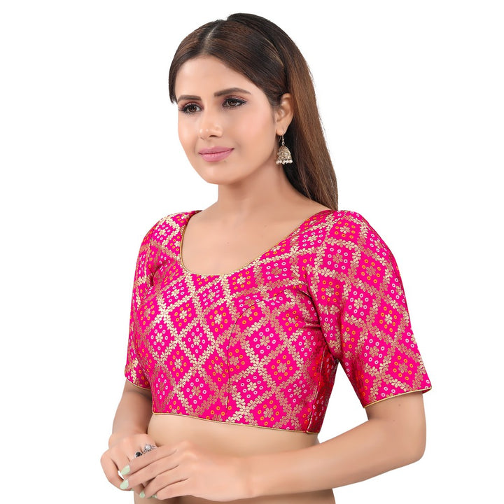 Gorgeous Pink Designer Indian Traditional Bandhani Round-Neck Elbow length Saree Blouse Choli (X-977ELB-Pink)