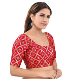 Gorgeous Red Designer Indian Traditional Bandhani Round-Neck Elbow length Saree Blouse Choli (X-977ELB-Red)