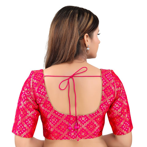 Image Title Gorgeous Tomato-Pink Designer Indian Traditional Bandhani Round-Neck Elbow length  Saree Blouse Choli (X-977ELB-Tomato-Pink)