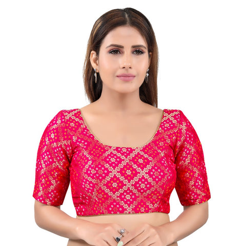 Image Title Gorgeous Tomato-Pink Designer Indian Traditional Bandhani Round-Neck Elbow length  Saree Blouse Choli (X-977ELB-Tomato-Pink)