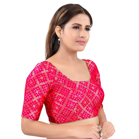 Image Title Gorgeous Tomato-Pink Designer Indian Traditional Bandhani Round-Neck Elbow length  Saree Blouse Choli (X-977ELB-Tomato-Pink)