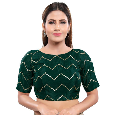 Image Title Magnificent Bottle-Green Designer Indian Traditional Zig-Zag Sequence Elbow length Saree Blouse Choli (X-981ELB-Bottle-Green)
