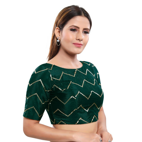 Image Title Magnificent Bottle-Green Designer Indian Traditional Zig-Zag Sequence Elbow length Saree Blouse Choli (X-981ELB-Bottle-Green)