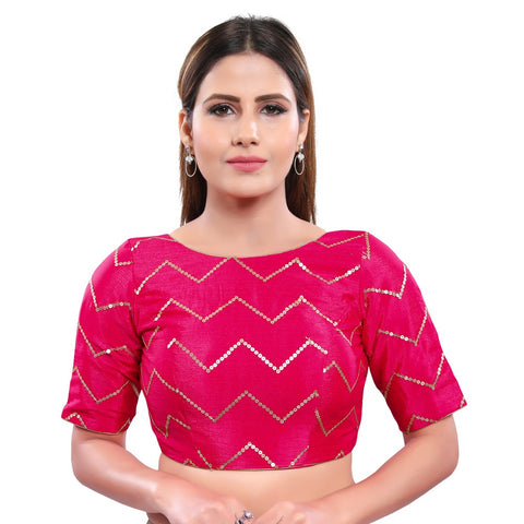 Image Title Magnificent Pink Designer Indian Traditional Zig-Zag Sequence Elbow length Saree Blouse Choli (X-981ELB-Pink)