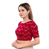 Magnificent Red Designer Indian Traditional Zig-Zag Sequence Elbow length Saree Blouse Choli (X-981ELB-Red)