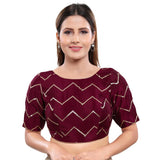 Image Title Magnificent Wine Designer Indian Traditional Zig-Zag Sequence Elbow length Saree Blouse Choli (X-981ELB-Wine)