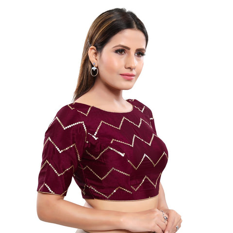 Image Title Magnificent Wine Designer Indian Traditional Zig-Zag Sequence Elbow length Saree Blouse Choli (X-981ELB-Wine)