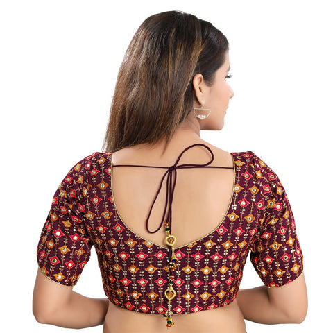 Image Title Ethnic Wine Designer Indian Traditional Mirror Work V-Neckline Saree Blouse Choli (X-996ELB-Wine)