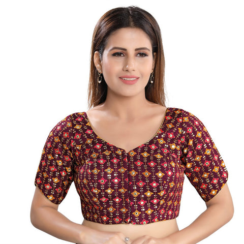 Image Title Ethnic Wine Designer Indian Traditional Mirror Work V-Neckline Saree Blouse Choli (X-996ELB-Wine)