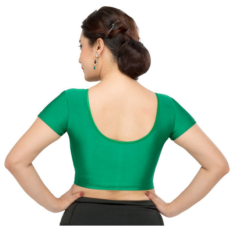 Image Title Designer Green Non-Padded Stretchable Short Sleeves Saree Blouse Crop Top (A-10-Green)