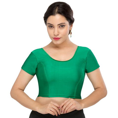 Image Title Designer Green Non-Padded Stretchable Short Sleeves Saree Blouse Crop Top (A-10-Green)